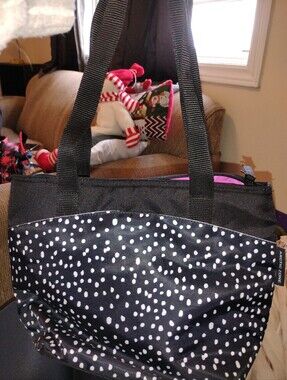 Black and White Polka Dot Lunch Bag with Pink Interior